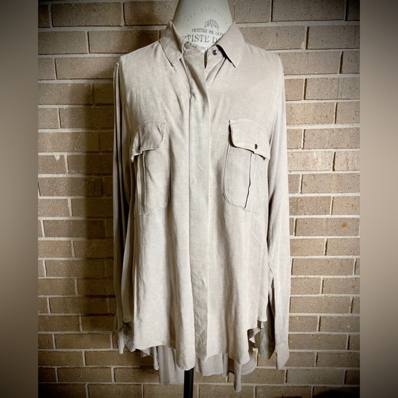 GIMMICKS Tan Long Sleeve High/Low Hem Drawstring Gathered at the Back Tunic - Picture 1 of 9